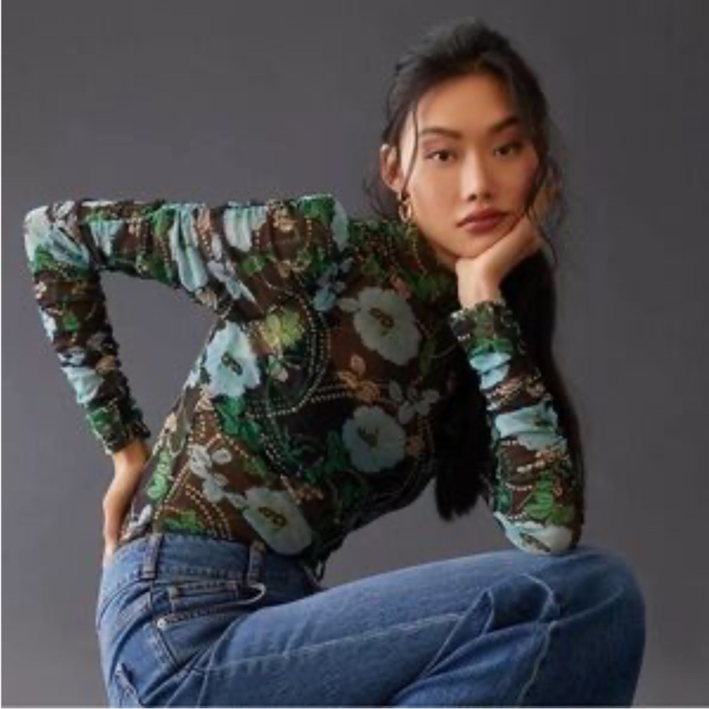 Maeve Anthropologie Sheer Mesh Floral Mock Neck Top Green Black Medium